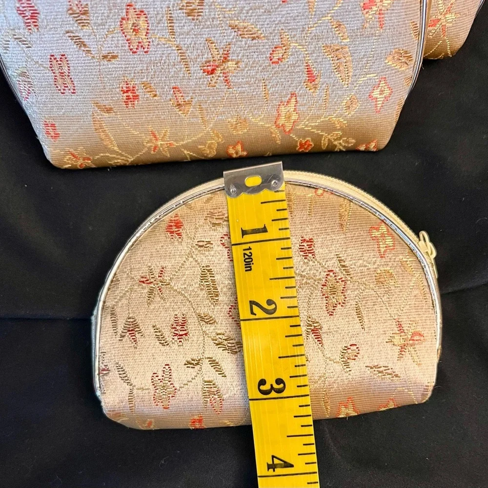 New VTG Silk Brocade Floral Cosmetic Bag Set 5 Nesting Makeup Travel Pouch Gold